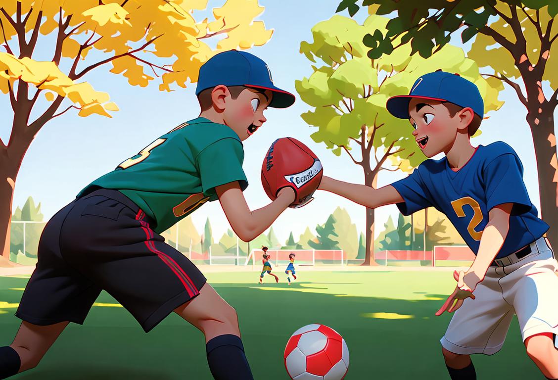 Two brothers playfully throwing a football in a park, wearing matching baseball caps and vibrant colored t-shirts, surrounded by trees and sunshine..
