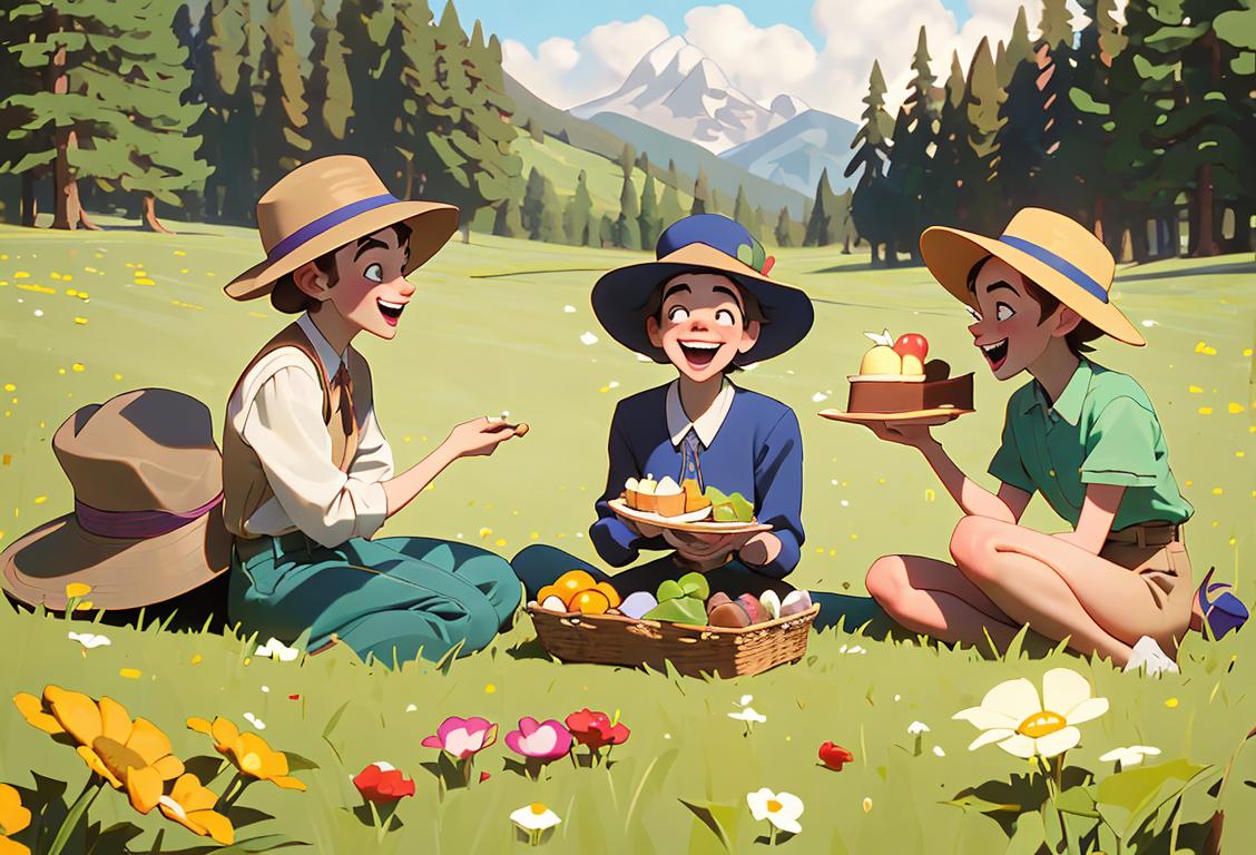 A group of friends named Brodie, wearing Brodie hats, having a fun and whimsical picnic in a colorful meadow..