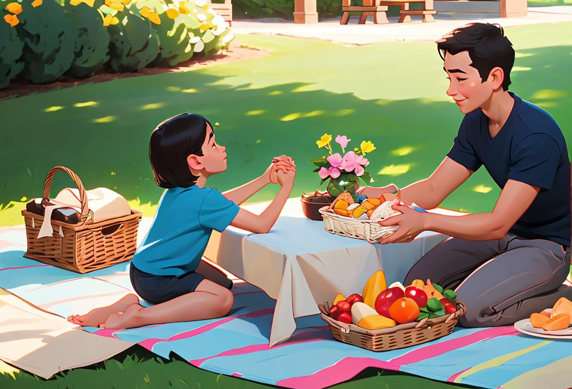 Single mom/dad holding hands with child, relaxed outdoor setting, with a picnic basket and sunscreen nearby..
