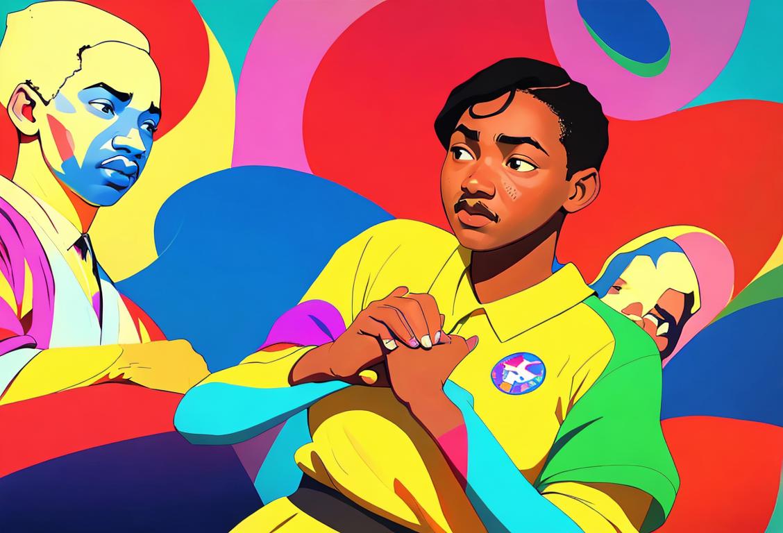 Young boys and girls of diverse backgrounds holding hands, wearing colorful clothes, in front of a peaceful mural of MLK's famous 'I Have a Dream' speech..