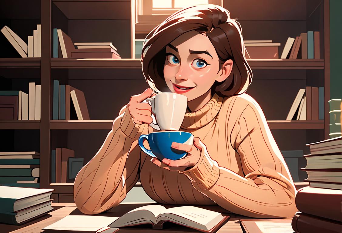 A vibrant, single individual fearlessly enjoying their own company, surrounded by books, cozy sweater, and a cup of hot chocolate in a cozy library setting..
