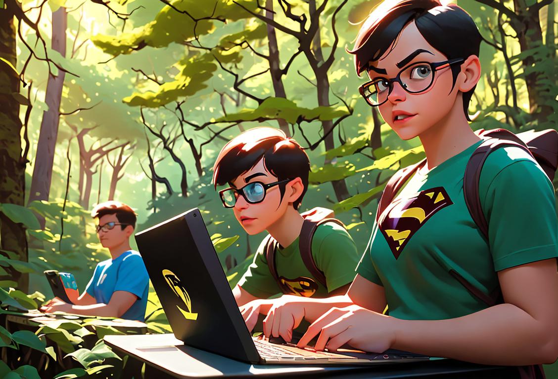 Young group of geeks hiking in a beautiful forest, wearing superhero-themed t-shirts, comic book sunglasses, surrounded by gaming consoles and laptops..