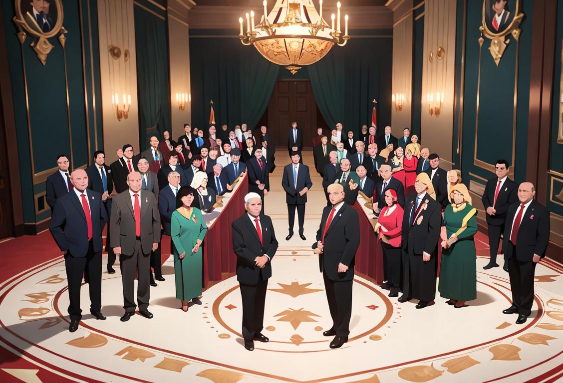 A diverse group of individuals in professional attire assembling in a grand hall to elect a new president on National Assembly Election Day..