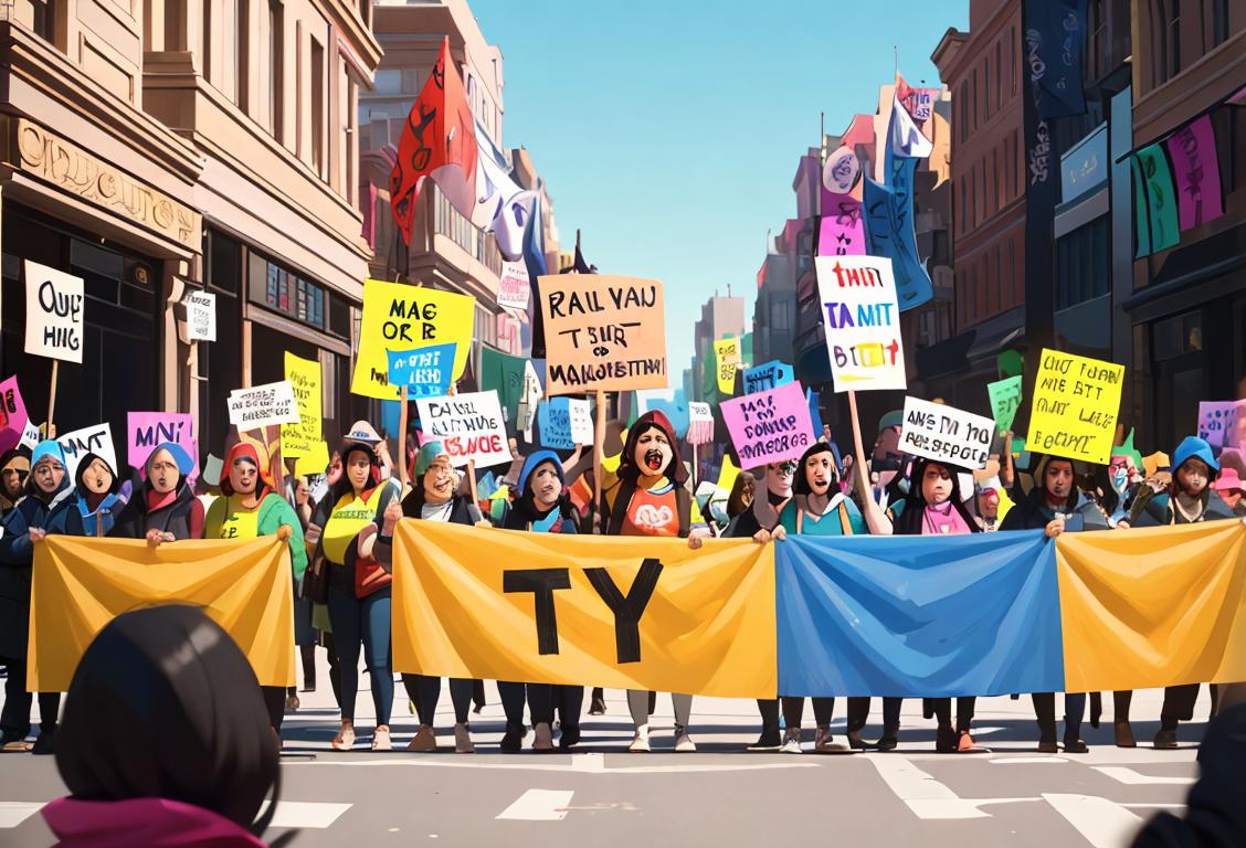 Group of diverse people holding colorful signs with slogans while peacefully marching through a bustling city, spreading messages of positive change and unity..