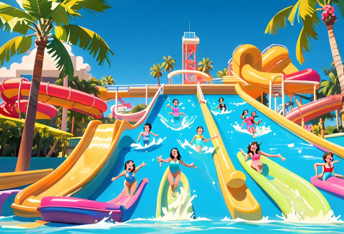 A group of happy people sliding down a towering water slide at a bustling water park, wearing colorful swimsuits, against a backdrop of palm trees and clear blue skies..