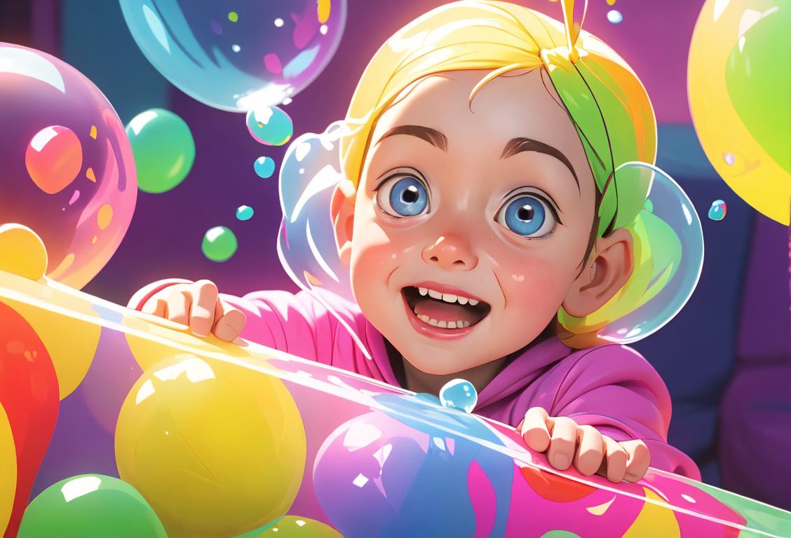 Young child popping bubble wrap in a colorful playroom, wearing a happy expression and vibrant clothing..