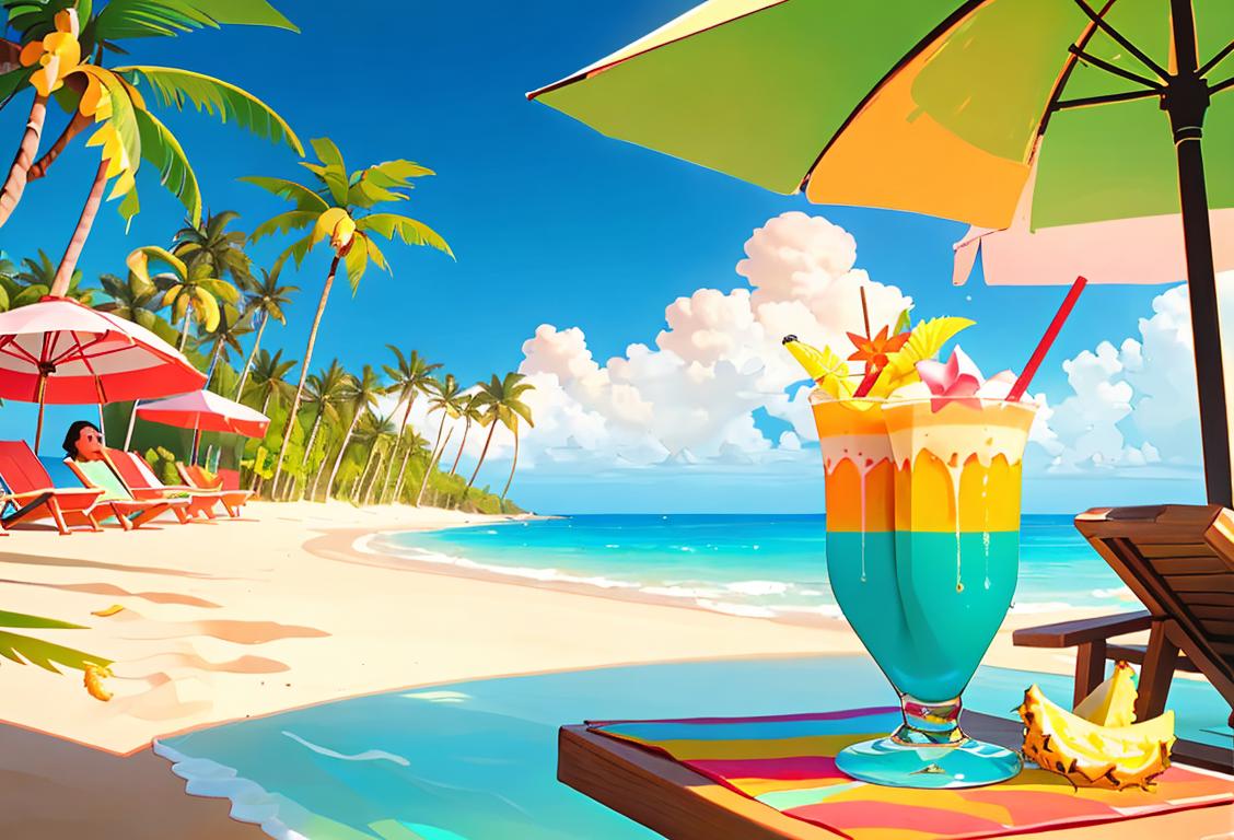 A tropical paradise with colorful daiquiris served in coconut and pineapple cups, surrounded by palm trees and beach chairs..