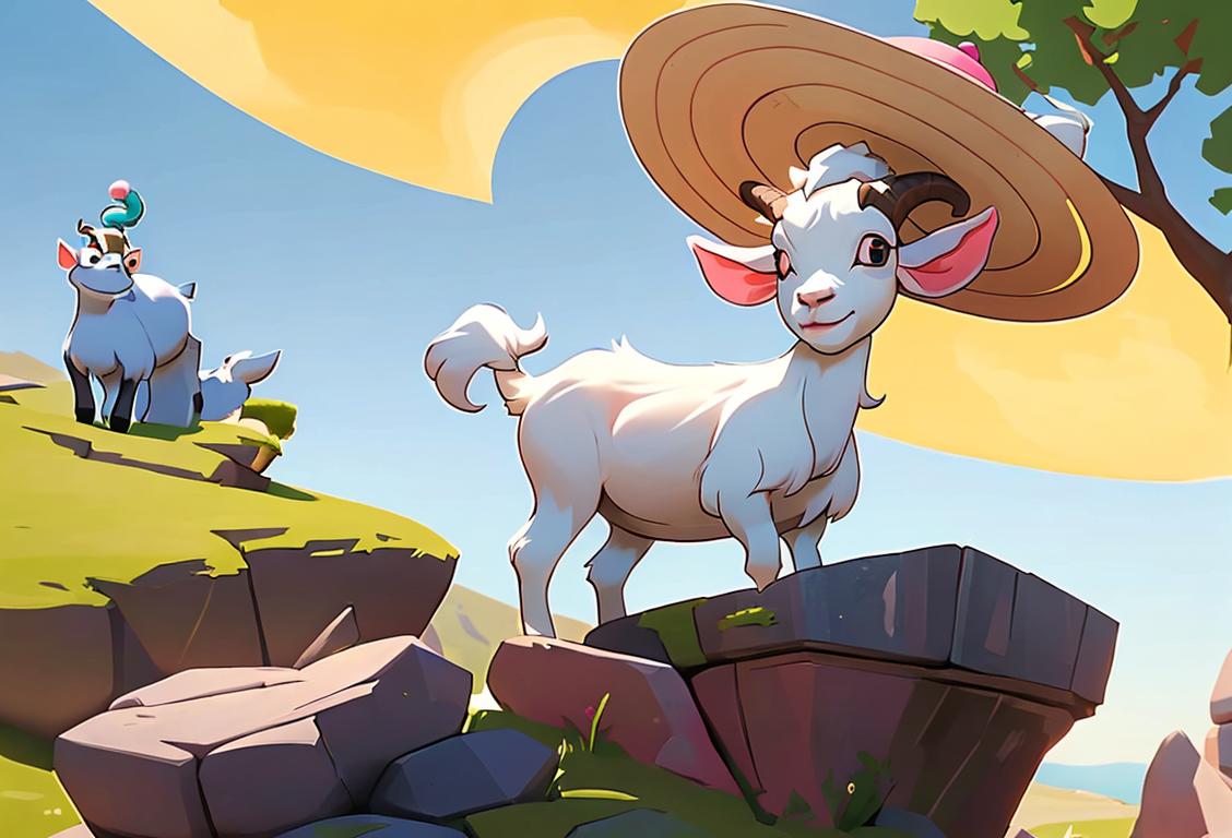 A cute goat with a playful expression, surrounded by a picturesque countryside landscape. The goat is wearing a stylish straw hat and a colorful bandana around its neck, adding a touch of fashion to its adorable appearance. It stands on a rocky ledge, showcasing its remarkable balancing skills. In the background, a small farm can be seen, symbolizing the importance of goats in local agriculture. The image captures the essence of National Goat Day, celebrating these incredible animals' contributions to our lives with a wholesome and lively scene..