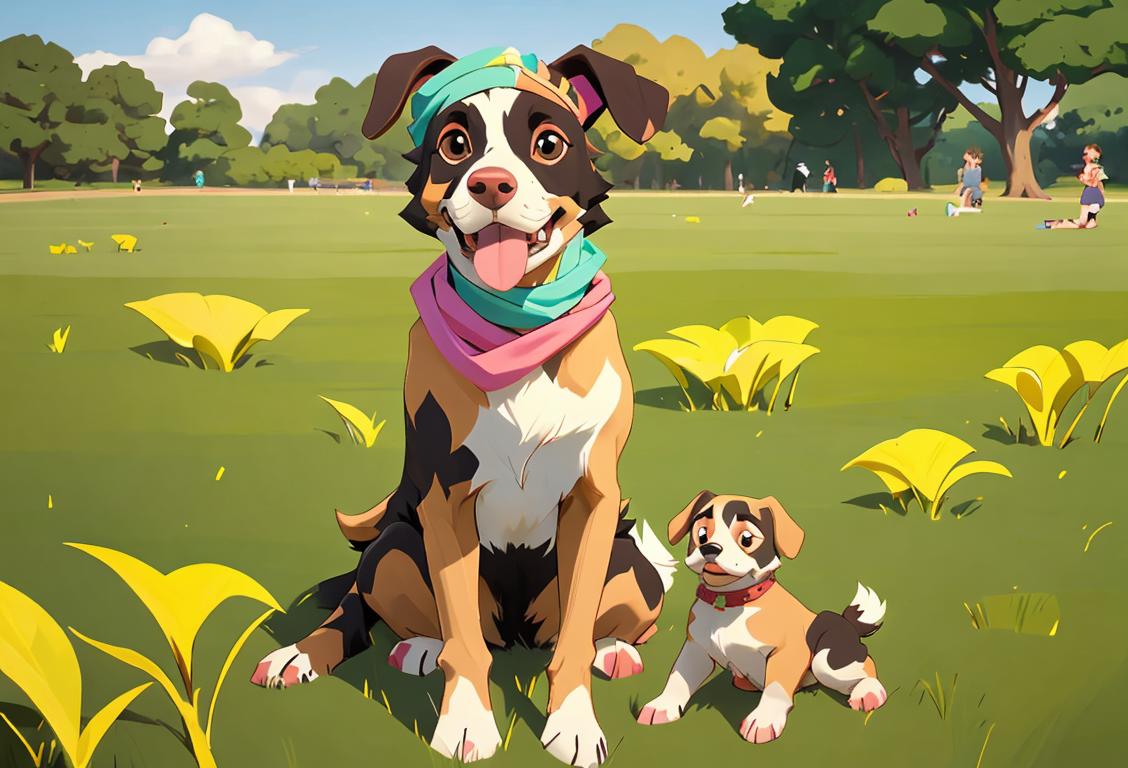 Happy mutt sitting on a grassy field, wearing a bandana, surrounded by diverse group of people, park setting.