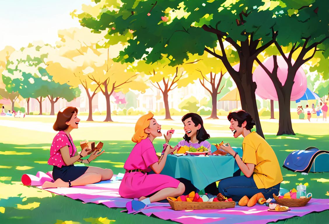 A group of people sitting in a park, laughing together, wearing colorful summer outfits, surrounded by picnic blankets and snacks..