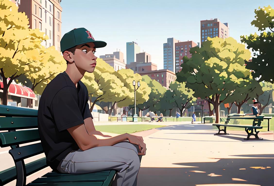 Young man named Tyler sitting alone on a park bench, wearing a baseball cap, urban city setting..