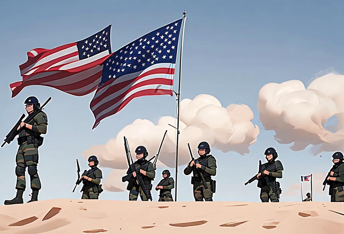 A group of national security forces in crisp uniforms, standing tall with American flags waving in the background..