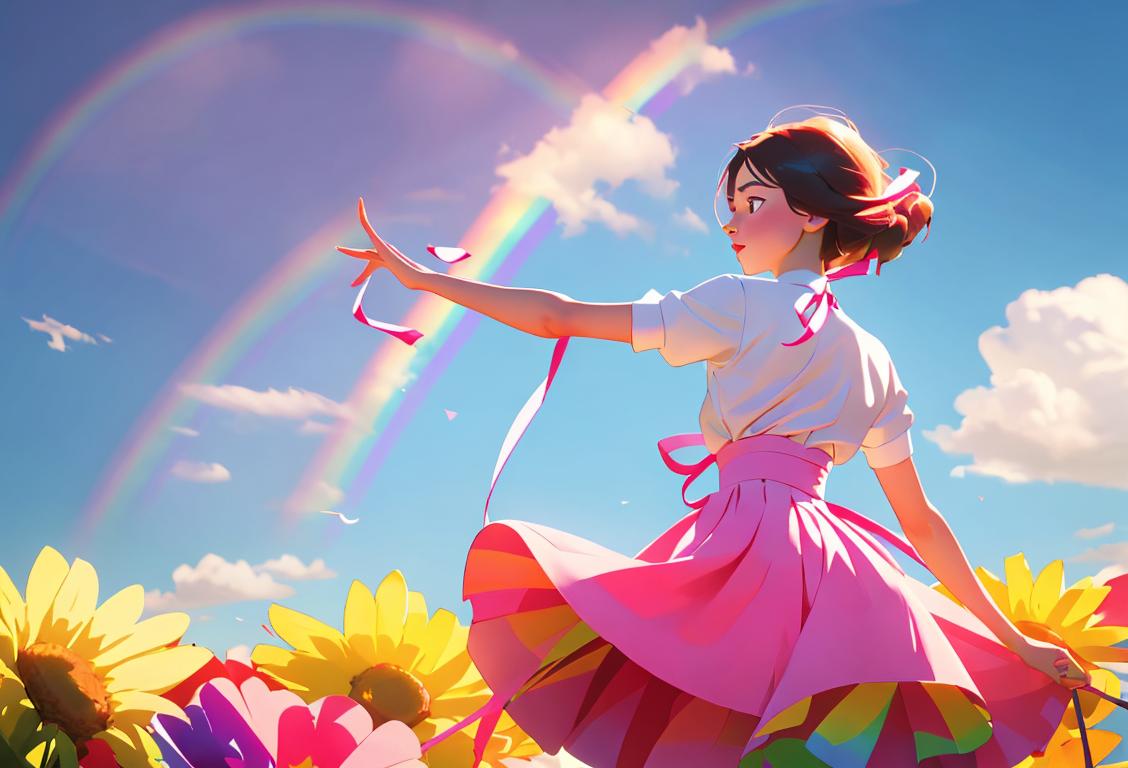 Young woman twirling in a vibrant ribbon skirt, surrounded by colorful, uplifting nature and a rainbow in the sky..
