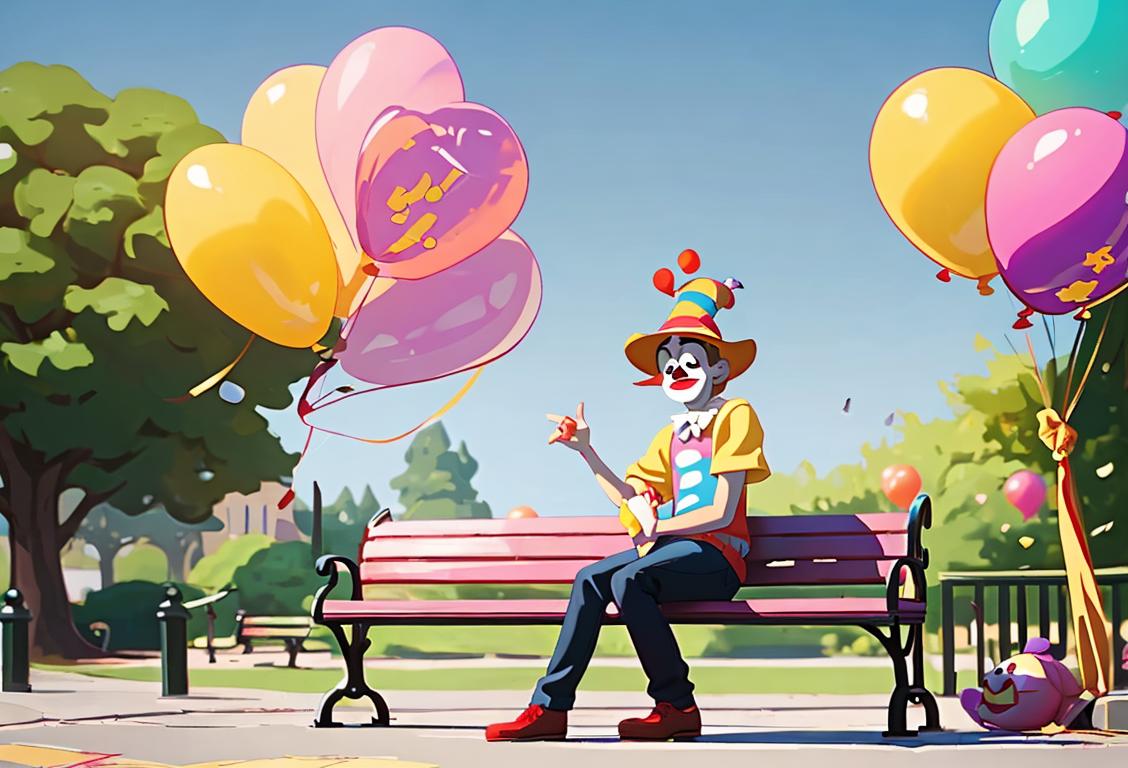 Young adult wearing a funny clown hat, sitting on a park bench, surrounded by deflated balloons and holding a sign 'Embracing All Time Lows!'.