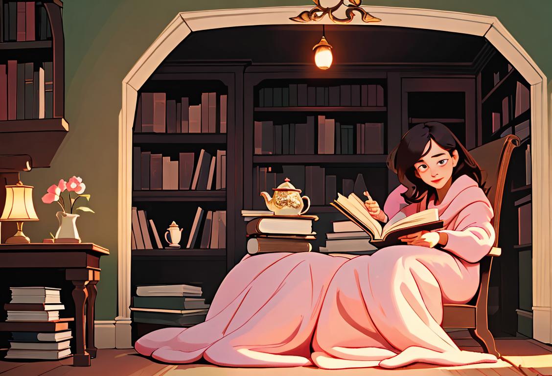 A cozy reading nook with a cup of tea and a stack of books, surrounded by whimsical fairy lights and soft blankets.