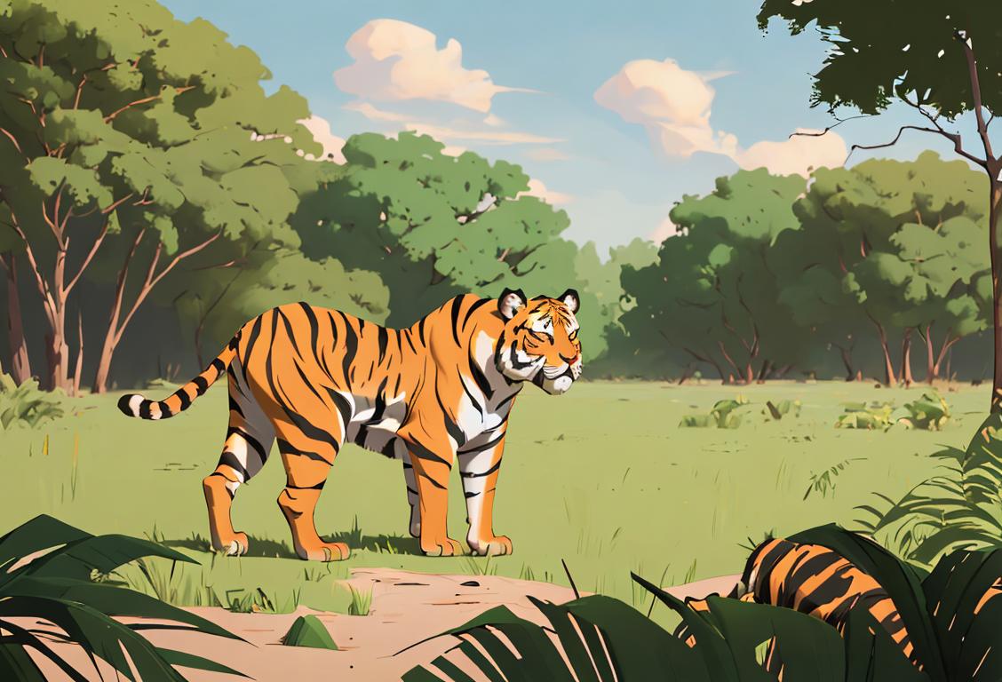 A person wearing safari gear, standing in a virtual jungle filled with majestic tigers and lush vegetation..