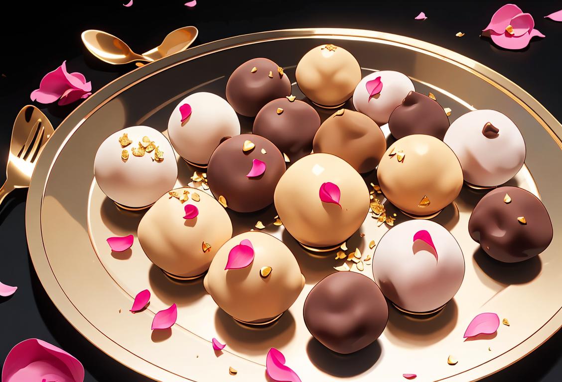 A close-up shot of a elegant silver tray filled with assorted truffles, decorated with edible gold flakes and surrounded by fresh rose petals..