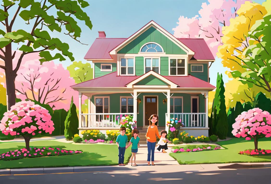 Happy family standing in front of a cozy, colorful house, surrounded by blooming flowers, wearing casual and stylish attire, suburban neighborhood setting..