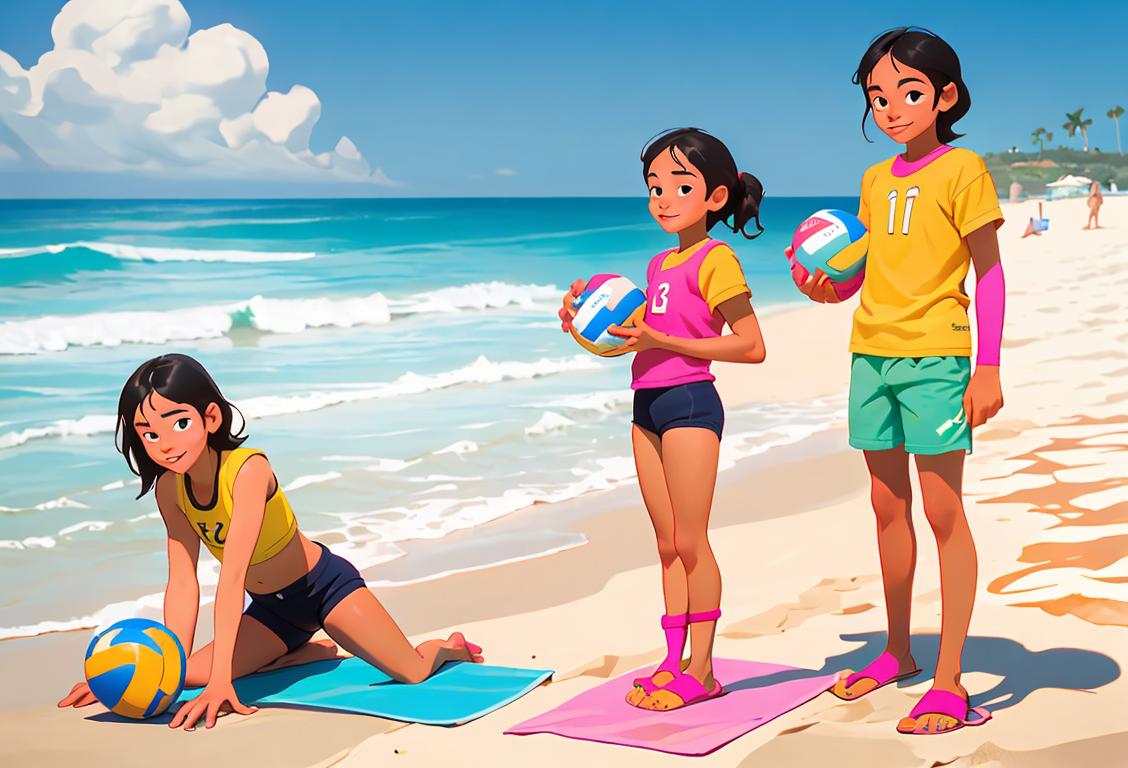 Young people at the beach, wearing colorful flipflops, enjoying a sunny day and beach activities, such as volleyball and sandcastles..