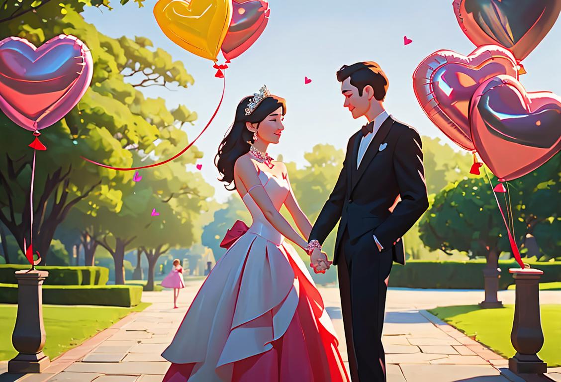 Happy couple holding hands, surrounded by heart-shaped balloons, dressed in elegant attire, in a romantic park setting..