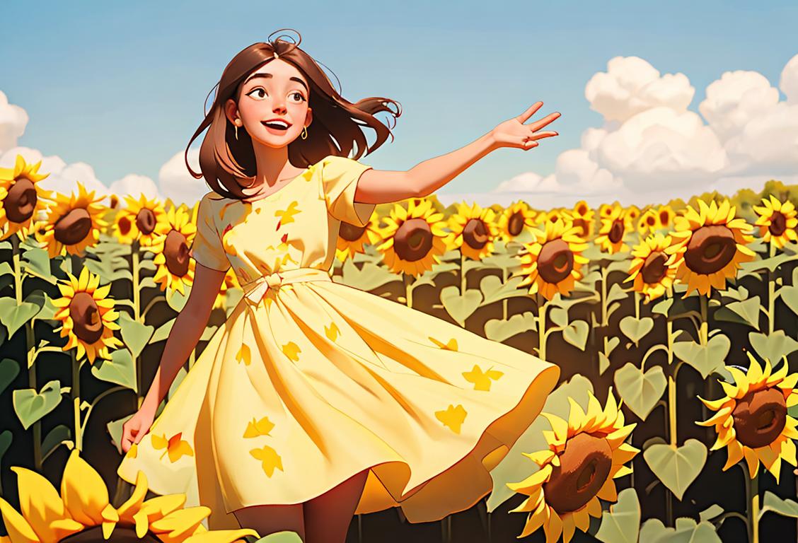 A young woman in a flowy summer dress, surrounded by a field of vibrant sunflowers, radiating joy and positivity on National Jess Day..
