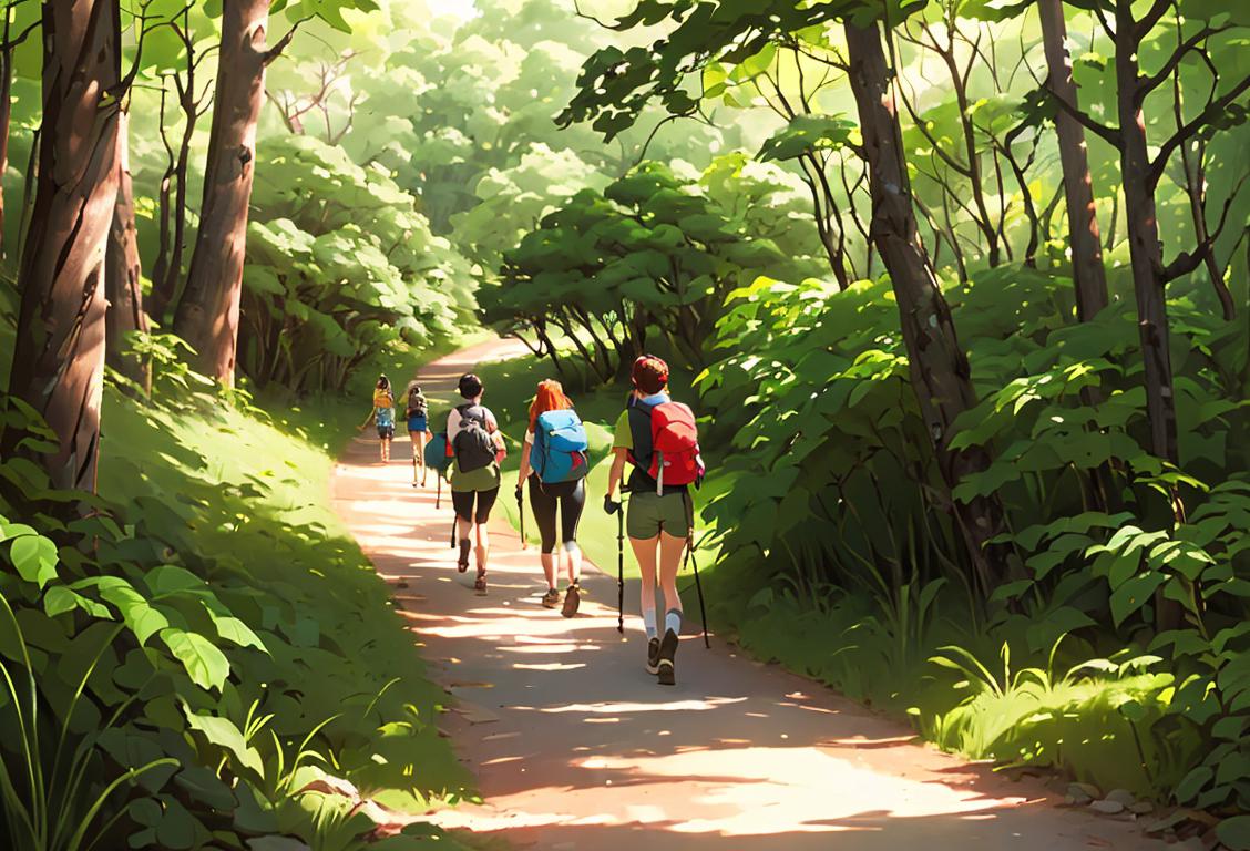 Group of diverse hikers exploring a scenic trail, sporting adventurous outfits and backpacks, surrounded by lush greenery..