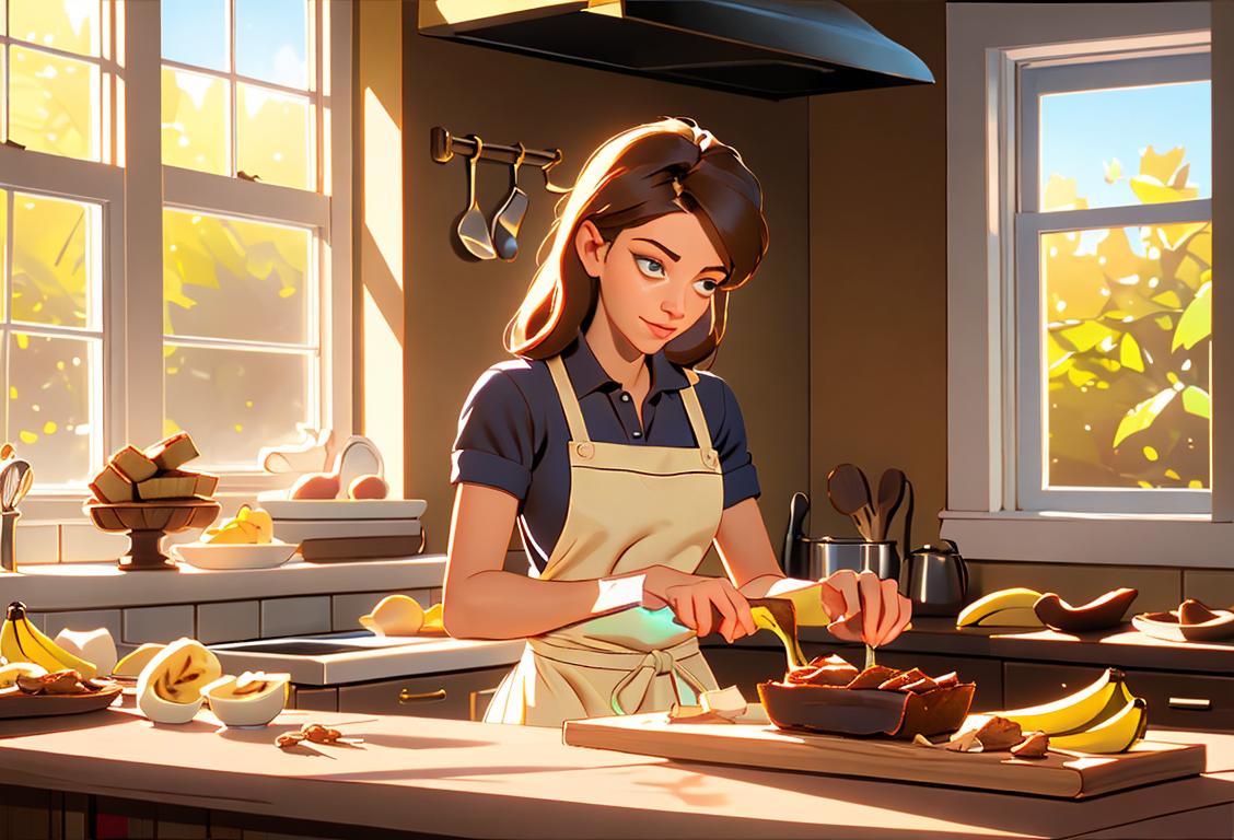 Young woman slicing freshly baked banana bread, wearing an apron, cozy kitchen scene, sun rays streaming through the window..