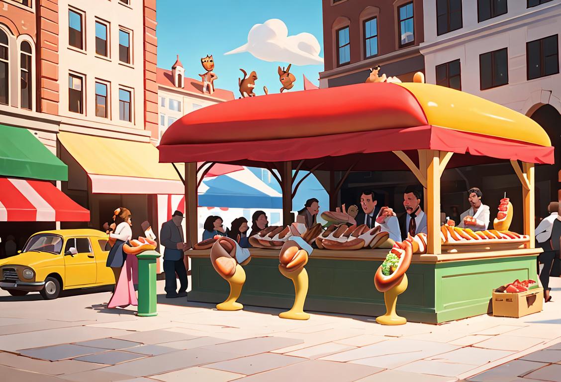 A joyful group of people enjoying a variety of creatively dressed hot dogs in a bustling city square..