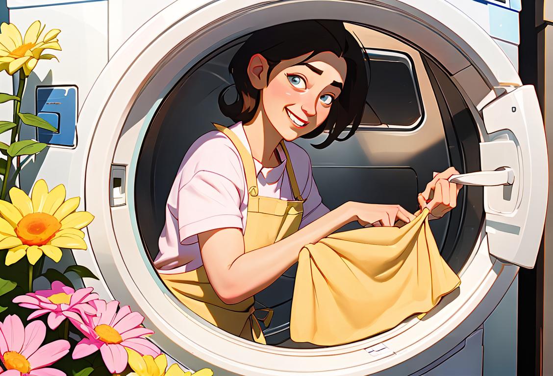 A cheerful person folding freshly laundered clothes, wearing a crisp apron, while surrounded by laundry baskets and blooming flowers..