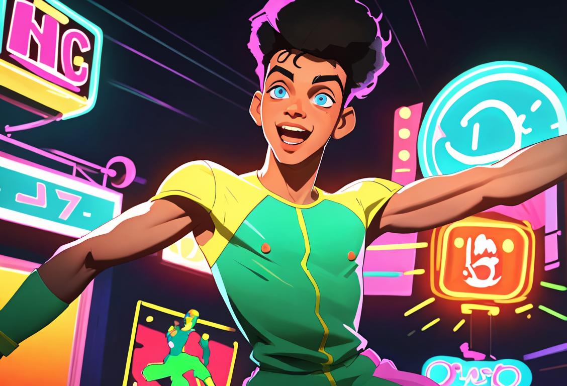 Young man with vibrant energy, dancing with joy in a lively disco setting. Retro outfit, neon lights, and a funky dance move that will make you want to join!.