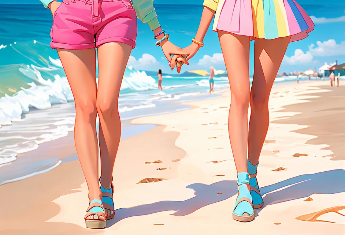 Two smiling best friends, holding hands and walking on a colorful beach boardwalk, wearing trendy summer outfits with sunglasses and carrying ice cream cones..