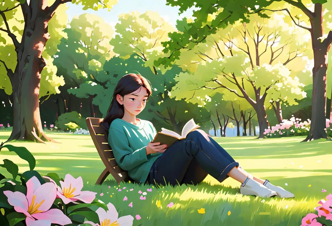 Young person sitting peacefully in a serene natural setting, wearing comfortable clothing and enjoying a book, surrounded by trees and flowers..