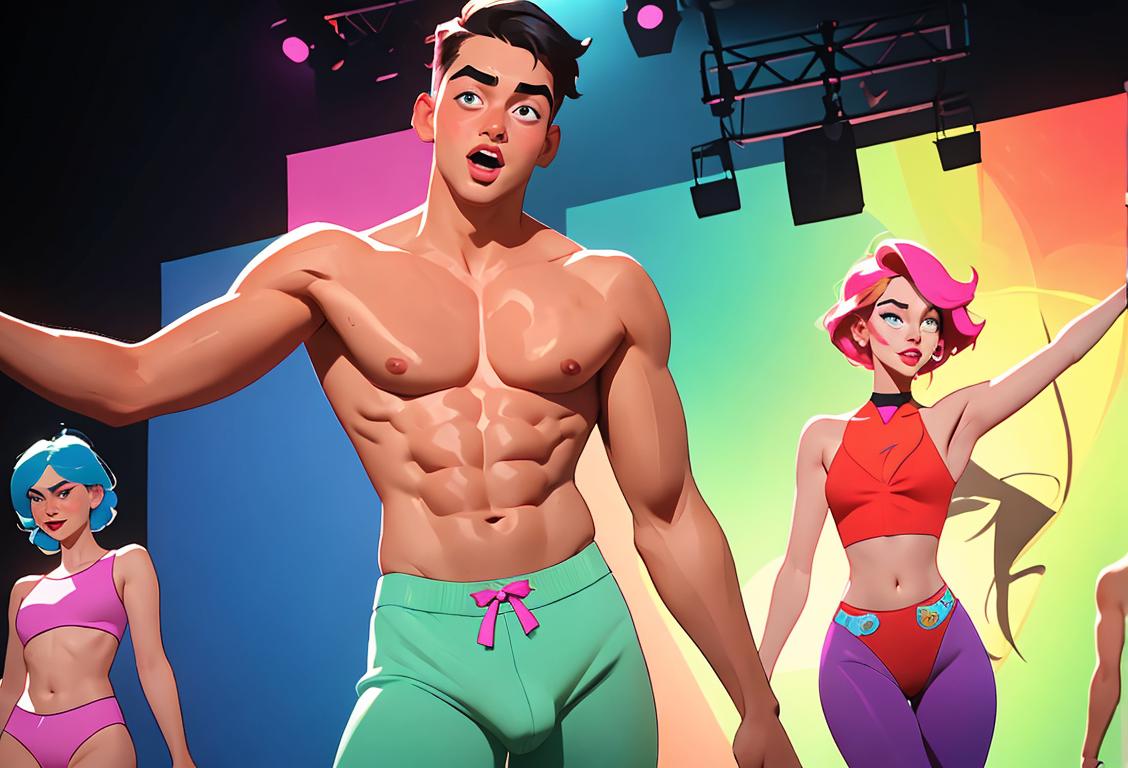 Young man and woman showcasing various underwear styles and colors in a vibrant, fun-filled fashion show, surrounded by a colorful backdrop and high energy atmosphere..