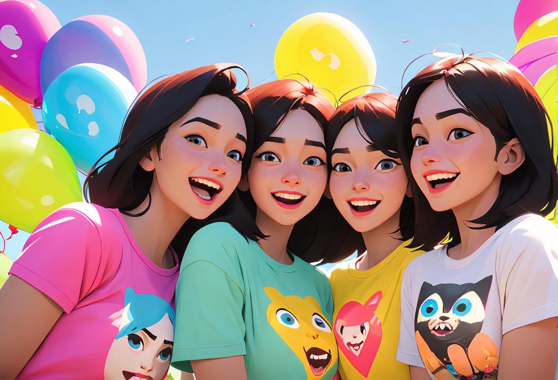 Group of friends laughing together in a park, wearing matching t-shirts with 'bfff' printed on them, surrounded by colorful balloons..