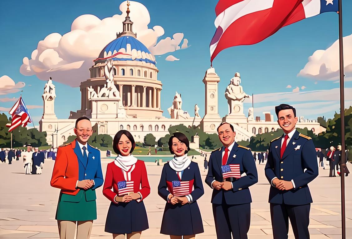 A group of diverse individuals wearing patriotic clothing, holding flags, and smiling in front of iconic national landmarks..