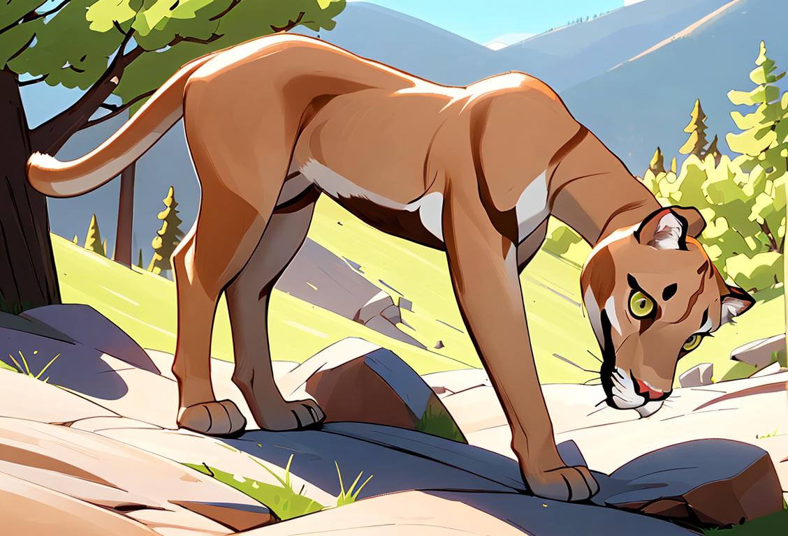 An image of a serene cougar in its natural habitat, gracefully gazing into the distance. The cougar has a dignified presence, highlighting its majestic nature. The scene depicts a beautiful mountain landscape, bathed in warm sunlight. The cougar's sleek fur and powerful muscles convey its athleticism. To add an interesting twist, the image could feature a fashionable adventurer observing the cougar, wearing outdoor gear and sporting a trendy hat. The dynamic combination showcases the allure of exploring the wilderness and appreciating the cougars' enigmatic charm..