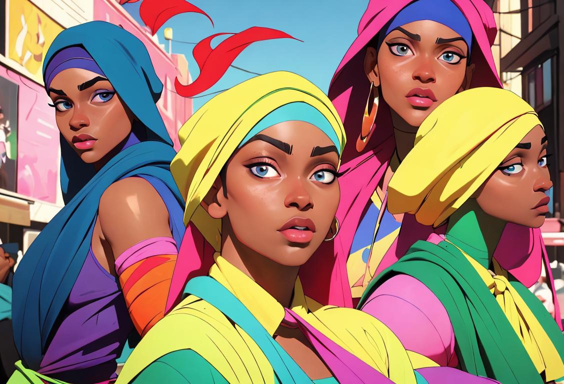 A diverse group of fashion-forward individuals, each wearing a colorful du rag, striking poses in a vibrant urban setting..