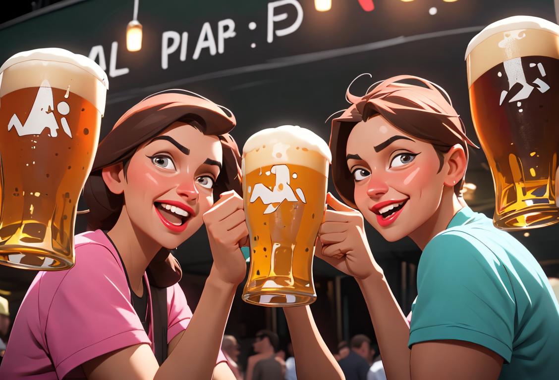 A cheerful group of friends raising their glasses, dressed in trendy attire, celebrating National IPA Day at a vibrant craft beer festival..