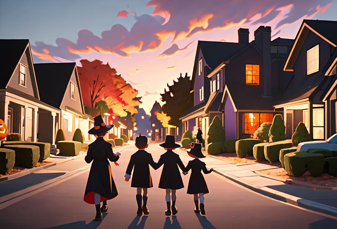 Children dressed in various costumes, walking down a neighborhood street at dusk, surrounded by colorful fall foliage..