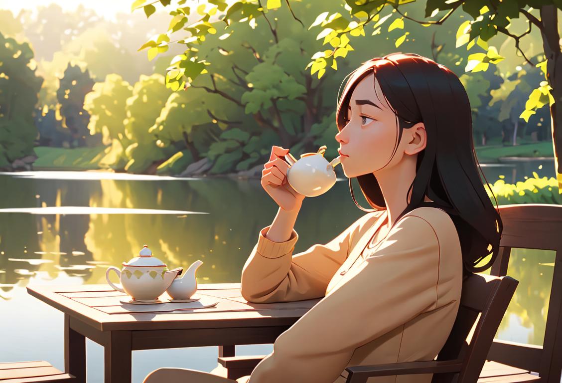 A calm person in comfortable clothing drinking tea in a serene nature setting, surrounded by relaxing elements..