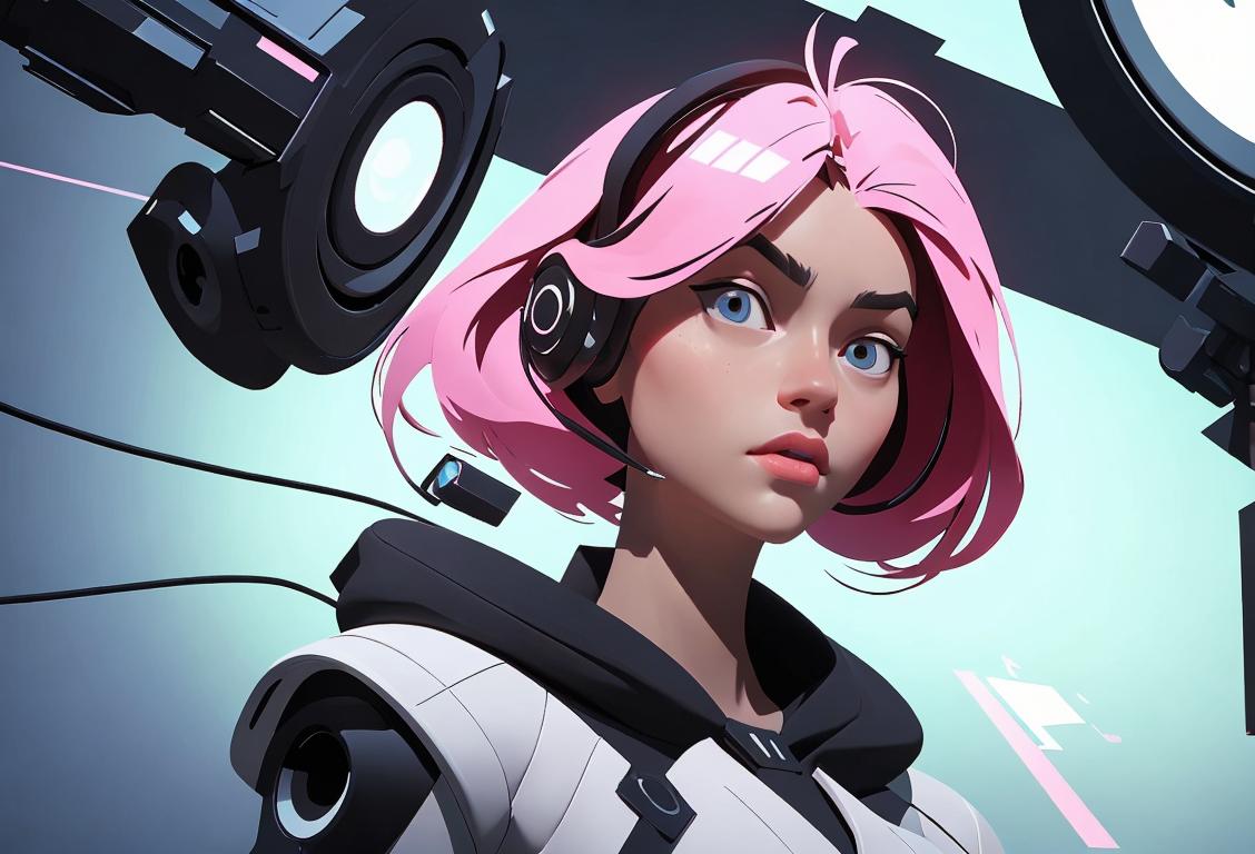 Young woman wearing virtual reality headset, surrounded by floating digital elements, futuristic fashion, virtual city scene..