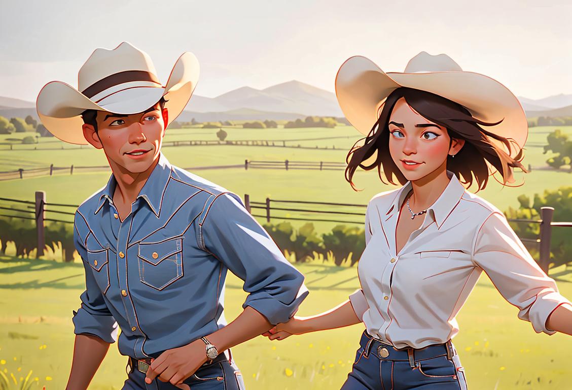 Young couple wearing cowboy hats, dancing to country music, surrounded by a Texan ranch landscape..