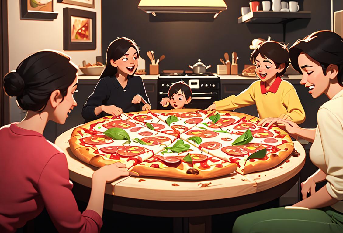 A joyful family gathering around a table, preparing and sharing different types of mouthwatering pizzas, in a cozy and vibrant kitchen setting..
