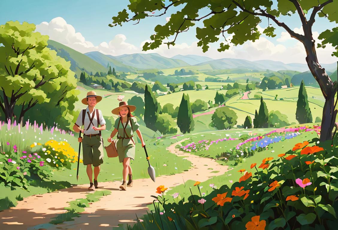 Happy people surrounded by diverse landscapes, in different outfits, gardening, hiking, and exploring, celebrating National Land Day..