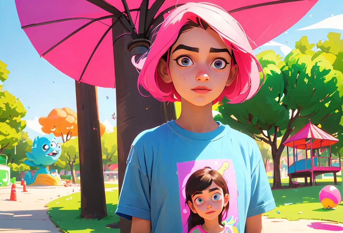 Young person wearing a baysha t-shirt, enjoying baysha-related activities, surrounded by colorful internet-inspired decorations. Outdoor park setting..