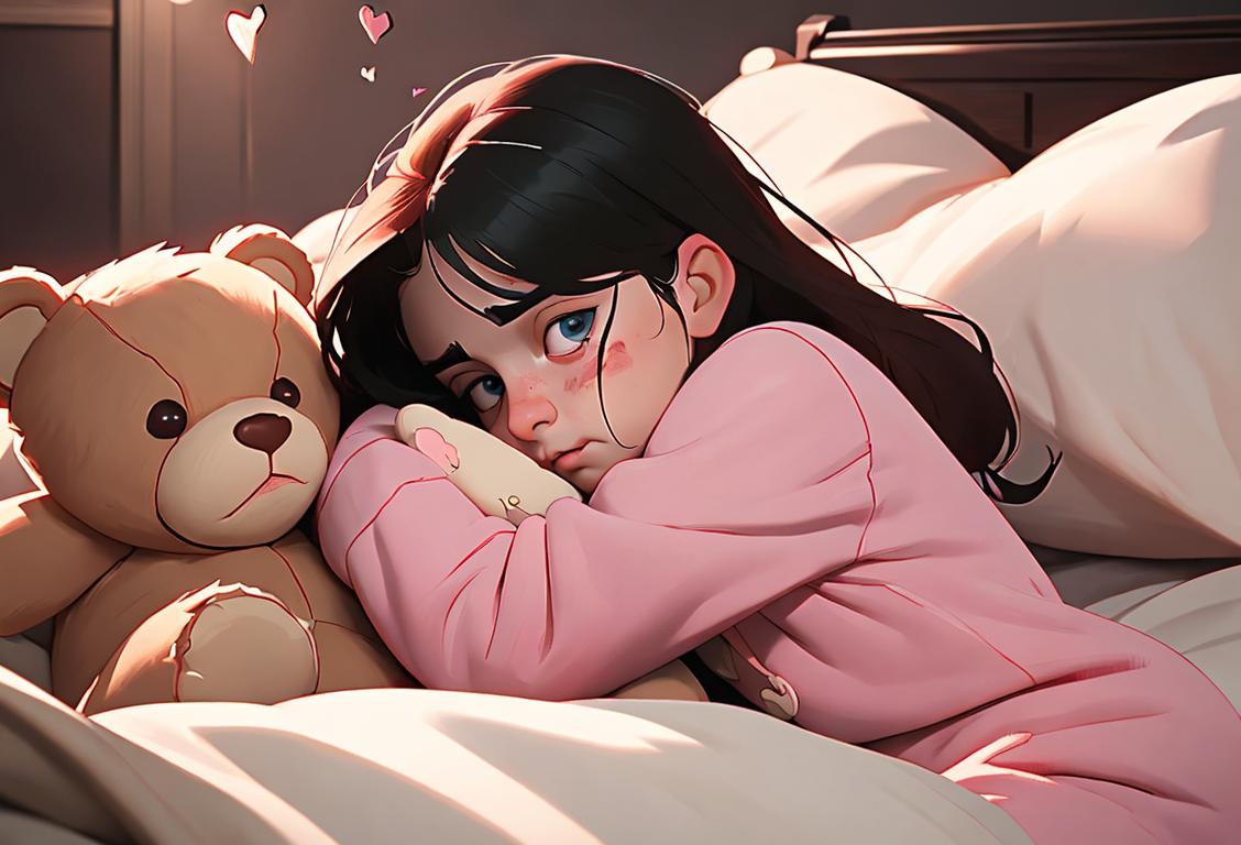Young person hugging a teddy bear with a broken heart pin, wearing cozy pajamas, dimly lit bedroom setting..