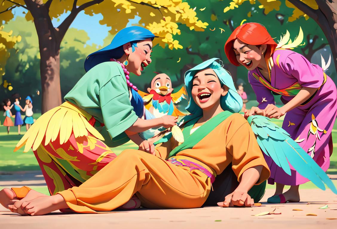 A group of diverse individuals joyfully tickling each other with feathers, wearing colorful clothes, representing different cultures, in a lively park setting..