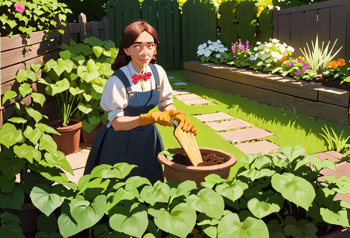 A person wearing gardening gloves, holding a pitchfork, surrounded by a lush garden with compost bins..