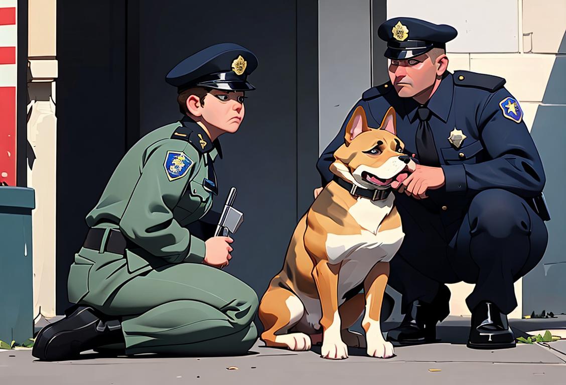 A brave police dog sitting next to a law enforcement officer, wearing a uniform, in an urban crime-solving scenario..