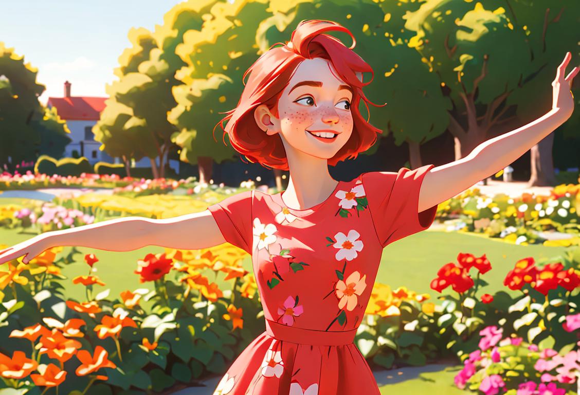 Happy redheaded girl wearing a floral dress, surrounded by blooming gardens, enjoying a sunny day with freckles dancing across her smiling face..